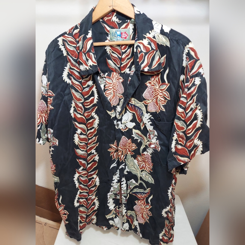 Hilo Hattie 2XL Short Sleeve Mens Shirt 100% Silk Black/Orange Floral Hawaiian